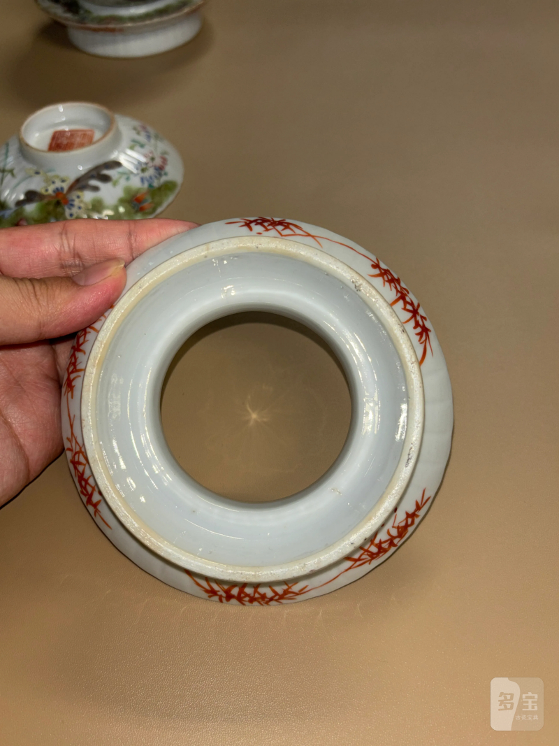 清晚期 粉彩蝶恋花纹三才盖碗一对 - 图8